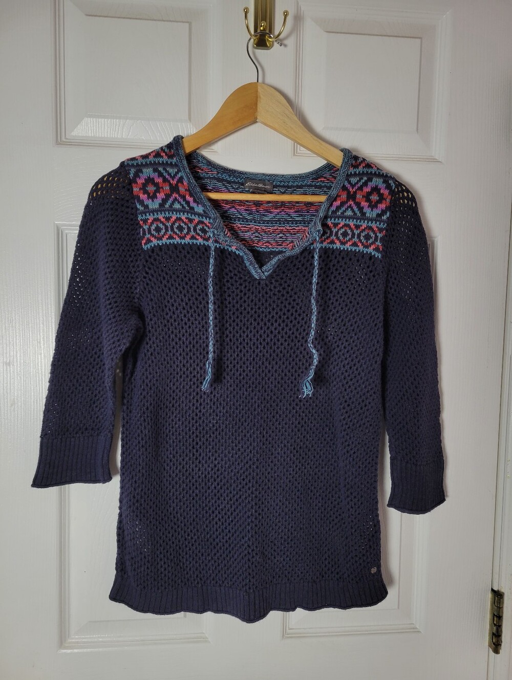Eddie Bauer Linen Cotton Blend Open Knit Boho Sweater Women's Size Large